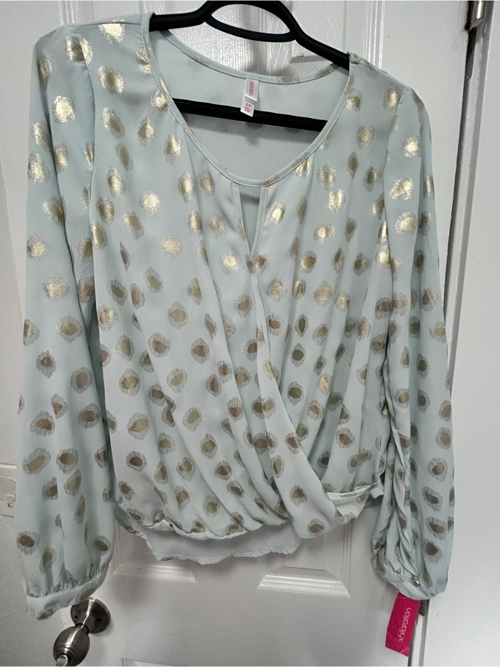 Xhilaration Mint Green Blouse with Gold Metallic Dot Print